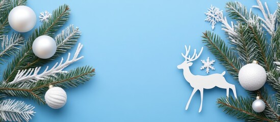 Festive Christmas and New Year decor with reindeer and ornaments on a vibrant blue background surrounded by evergreen branches and snowflakes