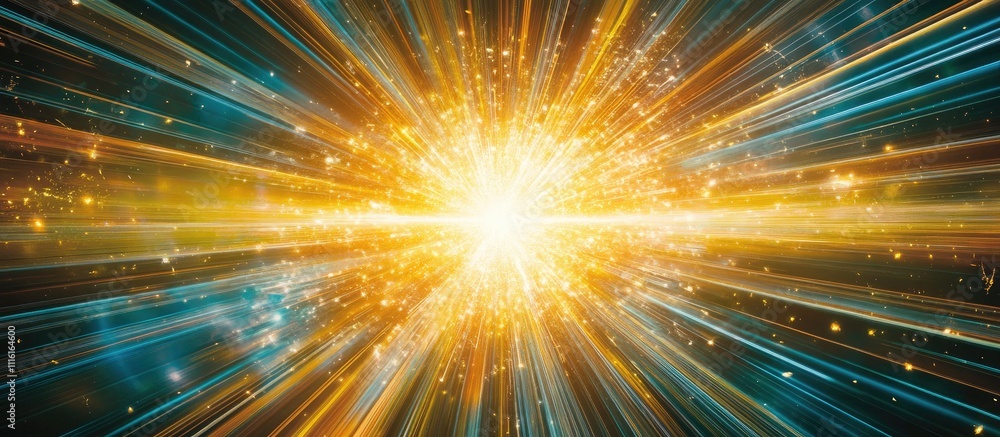 Poster Radiant light explosion with colorful beams and particles creating a vibrant cosmic effect in a dynamic space background