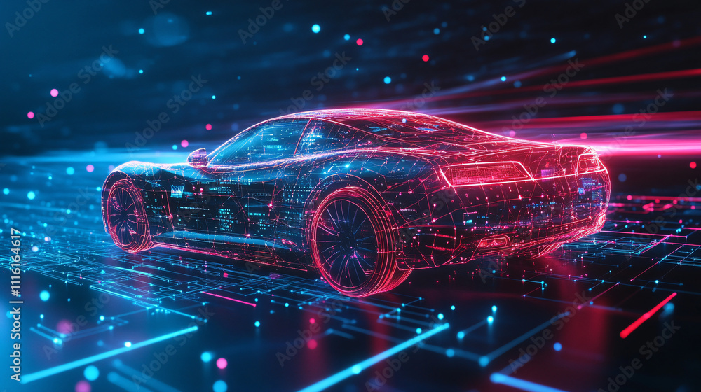 Poster a futuristic car icon composed of glowing neon lines, connected to a web of digital data points and 