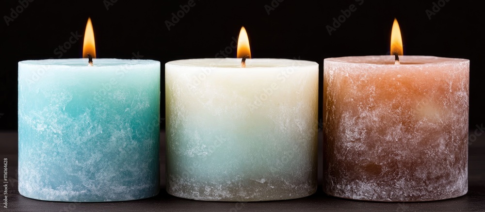 Poster trio of lit candles in varying colors against a dark background creating a serene and calming atmosp