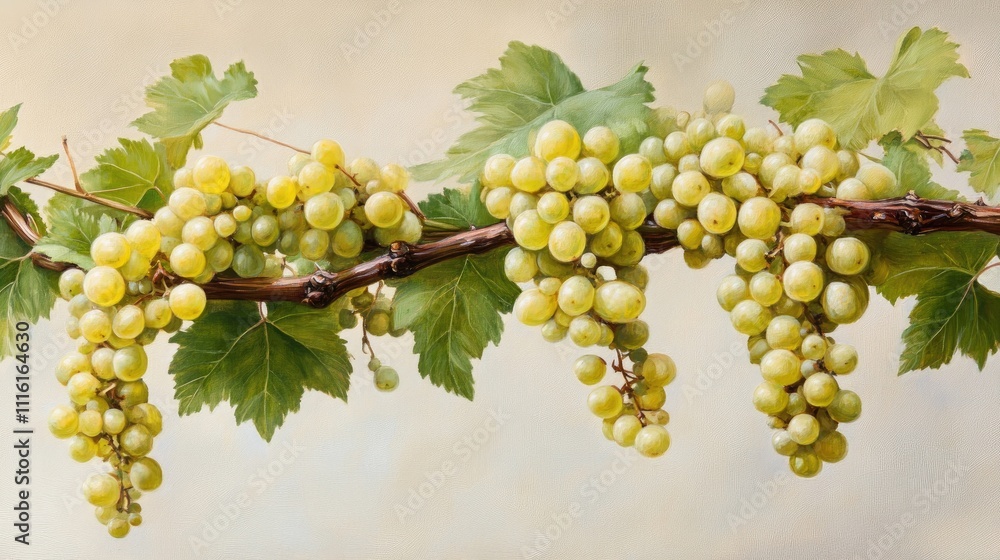 Poster grapevine clusters with fresh green leaves showcasing springtime vitality in a vineyard setting