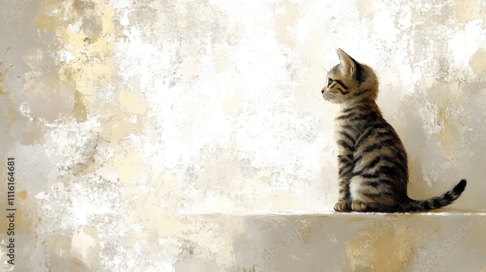 Poster small striped kitten sitting gracefully on a ledge against a soft pastel background capturing a mome