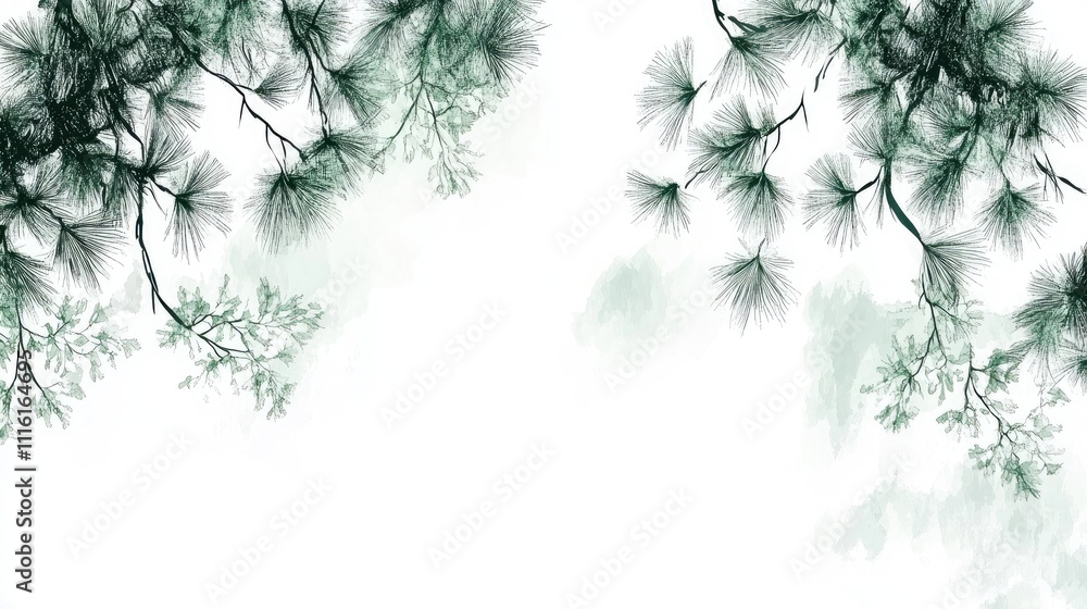 Poster Pine branches creating a natural frame on a soft white background for a serene and tranquil atmosphere