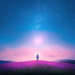 A serene figure amidst vibrant flowers under stars.