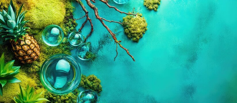 Pineapple on moss with branches and glass balls creating a vibrant natural theme for text overlay and design inspiration