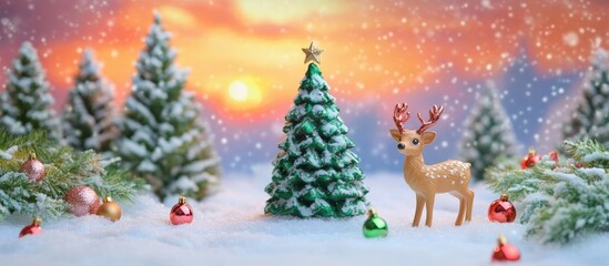 Fototapeta premium Christmas winter scene with decorated tree, deer figurine and ornaments against a snowy landscape and colorful sunset background