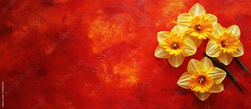 Poster floral red backdrop with yellow daffodils on textured surface perfect for greeting cards and banners