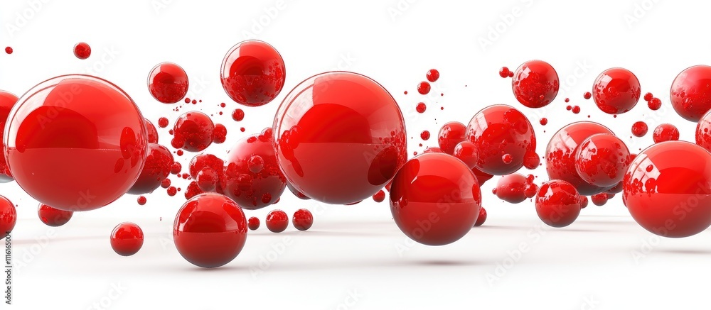 Poster Red spheres in dynamic motion on a clean white background creating an artistic and modern visual composition for design projects.