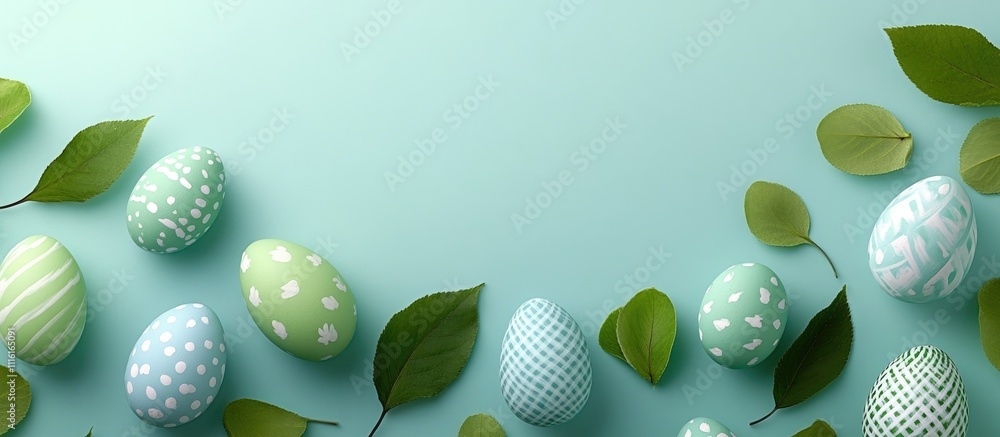 Poster easter eggs in pastel colors surrounded by green leaves on a light blue background creating a festiv