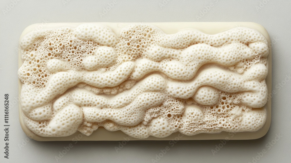 Poster aerated white chocolate bar with bubble texture displayed on a neutral gray background