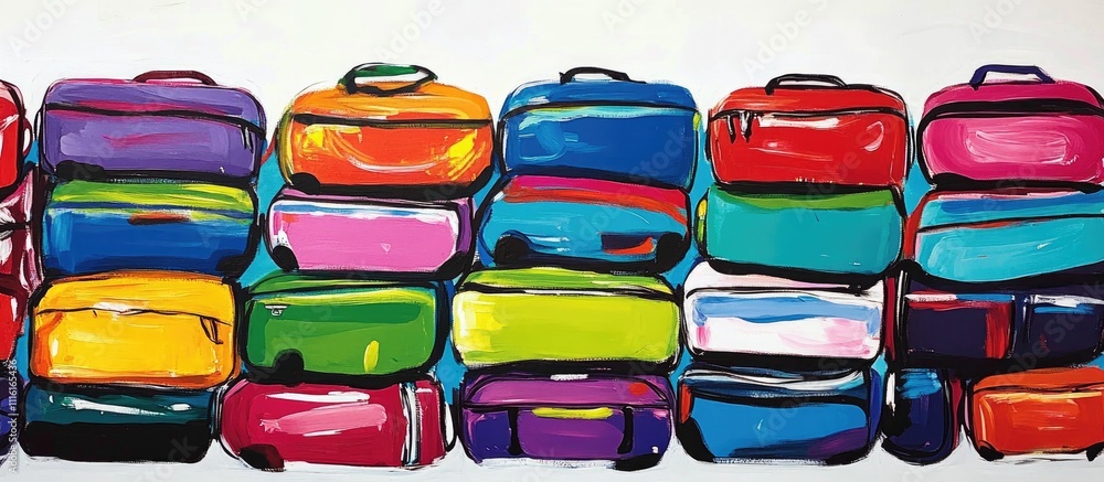 Leinwandbilder Vibrant Array of Stacked Colorful Suitcases in Artistic Style Against Bright Background