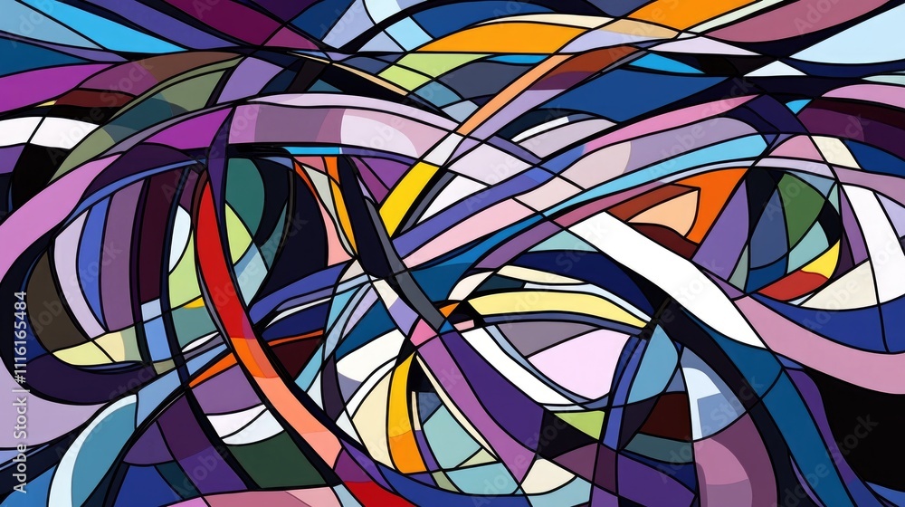 Poster Colorful abstract design showcasing an intricate pattern of vibrant curves and lines in a harmonious blend of hues