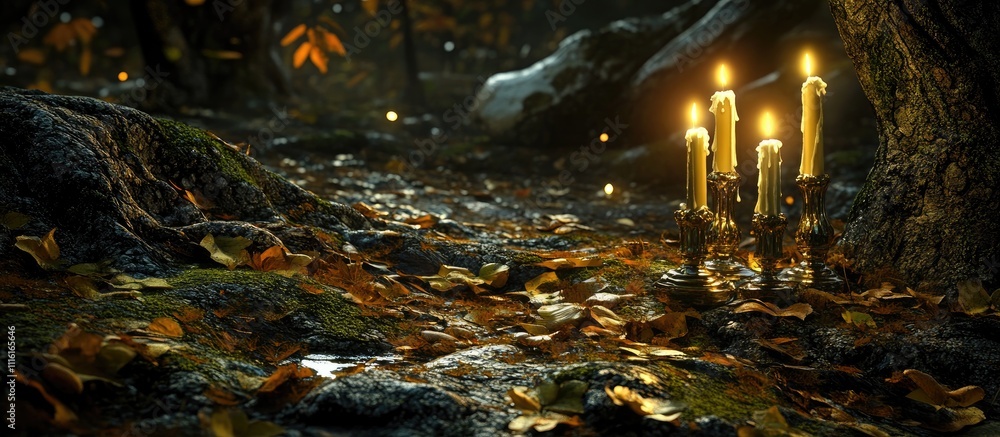Aufkleber candlelit serenity in a tranquil forest setting illuminated by warm glow and surrounded by fallen le