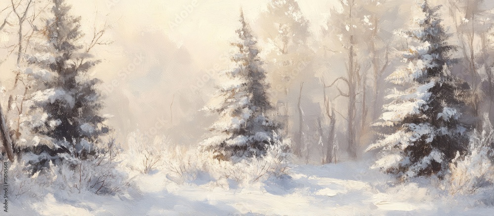 Poster winter serenity in a snow-covered forest highlighting spruce trees and soft sunlight filtering throu