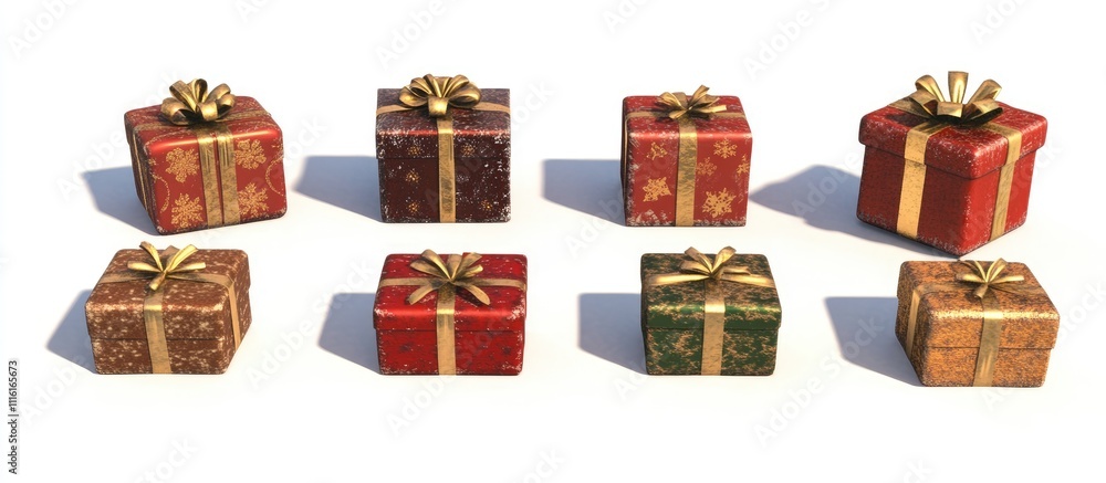 Aufkleber Assorted gift boxes arranged neatly with soft shadows on a white background showcasing vibrant colors and elegant designs.