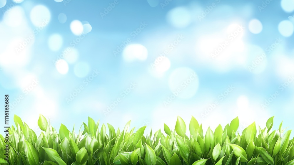 Poster lush green grass with soft bokeh effect under a sunny sky creating an abstract spring eco garden atm