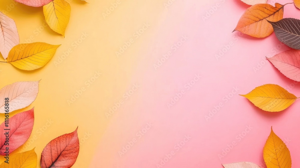 Poster Autumn Leaves Background Vibrant Colors Flat Lay Top View with Copy Space for Seasonal Designs and Creative Projects