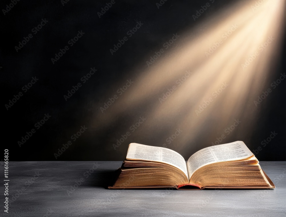 Poster an open book rests on a surface, illuminated by a beam of light, creating a serene and contemplative
