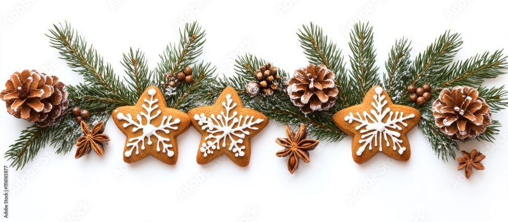 Poster festive gingerbread cookies with pine cones and fir branches on a white background showcasing a chee