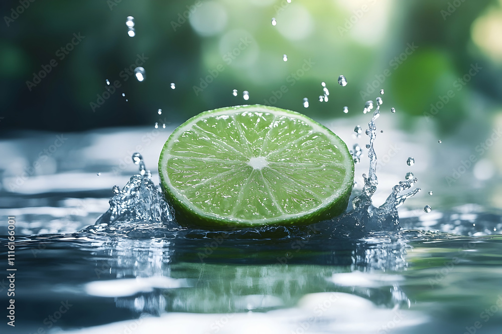 Aufkleber lime slice splashing into water, creating droplets.