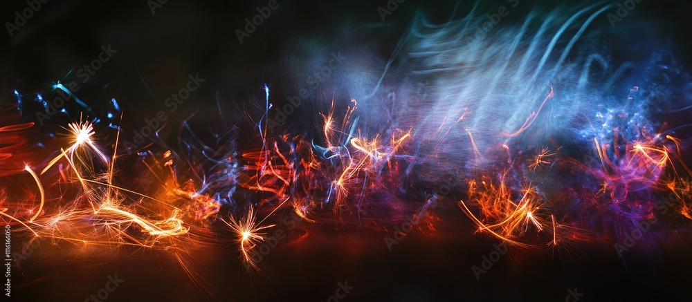 Aufkleber long exposure image capturing vibrant trails of firecracker sparklers against a dark background crea
