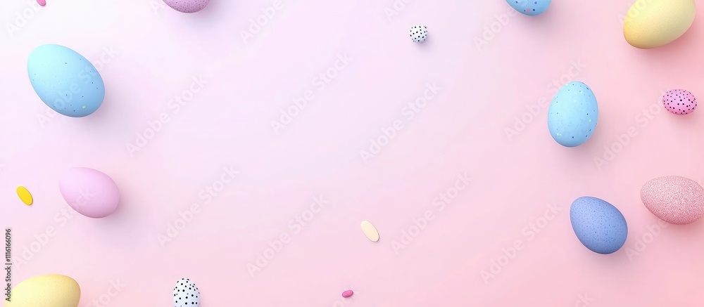 Poster colorful easter eggs scattered on a pastel background with empty space for creative holiday banner o