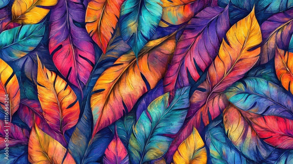 Poster vibrant multicolored tropical leaves creating a striking background for nature or design themed proj