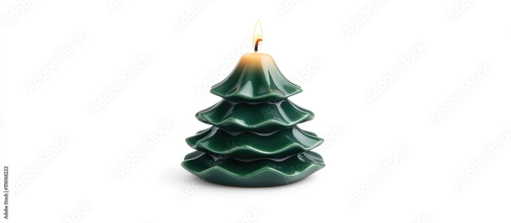 Poster candle shaped like a christmas tree with a lit flame isolated on a white background creating a festi