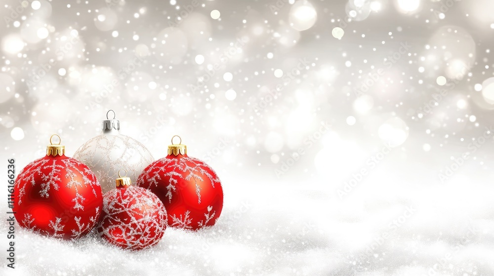 Aufkleber red and white christmas ornaments on a snow-covered background with soft bokeh lights creating a fes