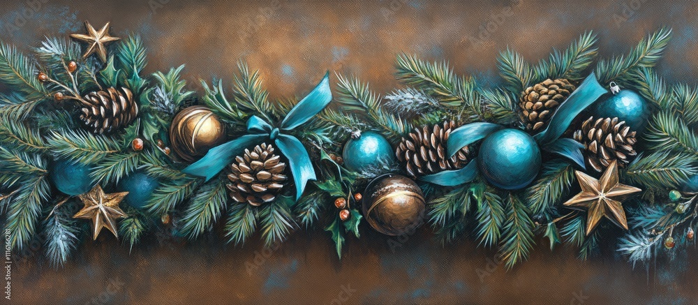Poster festive holiday decoration with pine branches ornaments and ribbons on a textured brown canvas backd
