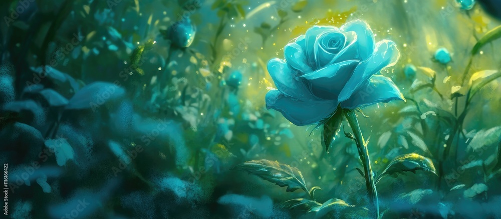 Poster translucent slime adorned blue rose in a mystical forest setting with enchanting light and vibrant g