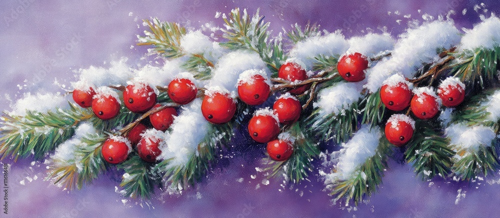 Poster decorative green branches with red berries and white snow on a soft purple background creating a fes
