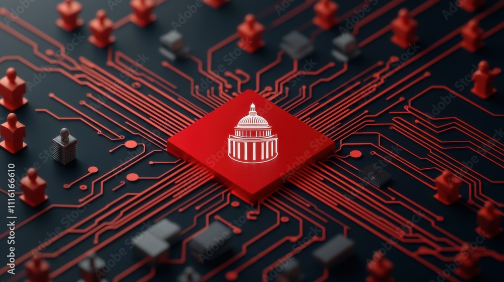 Poster a vibrant close-up of a red microchip with intricate circuit patterns, featuring a symbol in its cen