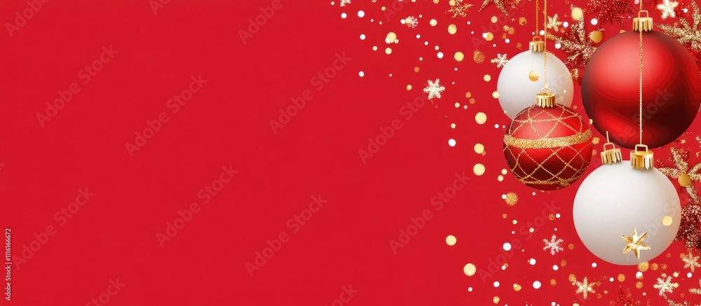 Poster festive red christmas backdrop with decorative ornaments and space for personalized text or messages