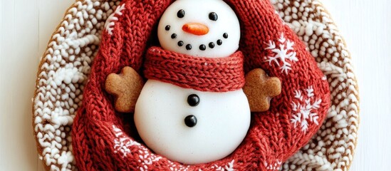 Fototapeta premium Festive Christmas gingerbread snowman cookie adorned with a red scarf on a cozy winter background for seasonal delight