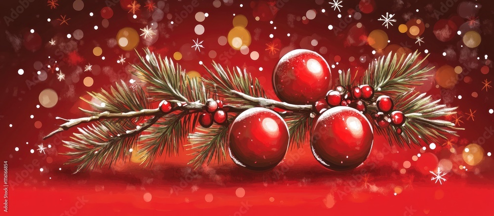 Poster christmas card design with a vibrant red background featuring a festive sprig of pine and shiny red 