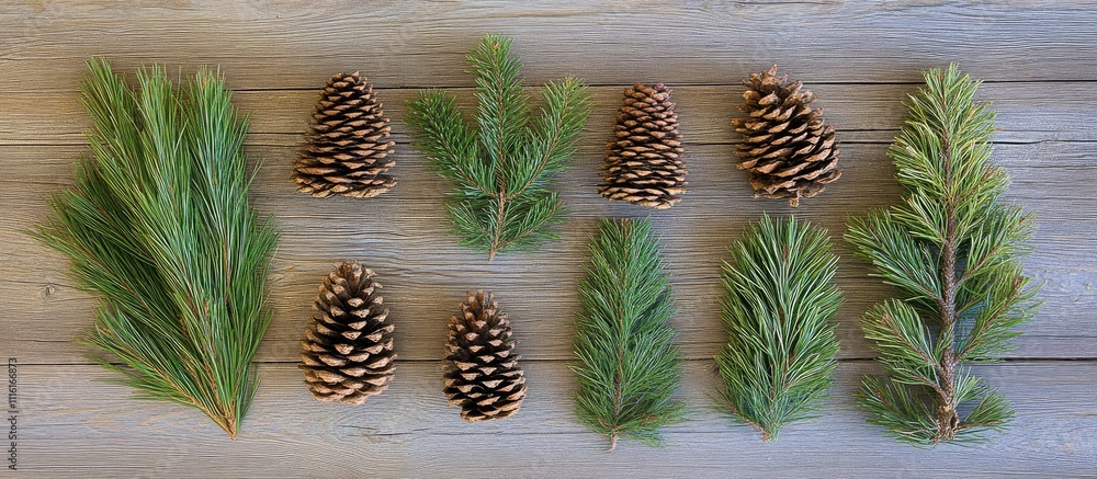 Poster pine branches and cones arranged artfully on a rustic wooden background creating a natural and seren