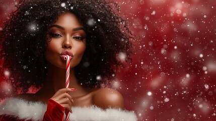 Black sexy woman in Santa costume with candy cane