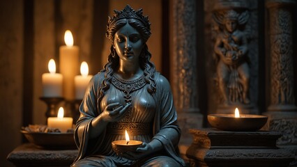 Fototapeta premium Statue of Hestia, goddess of the hearth and protector, holding the flame in both hands, seated before an ancient fire altar, surrounded by warm candlelight and home decor, with carvings symbolizing he