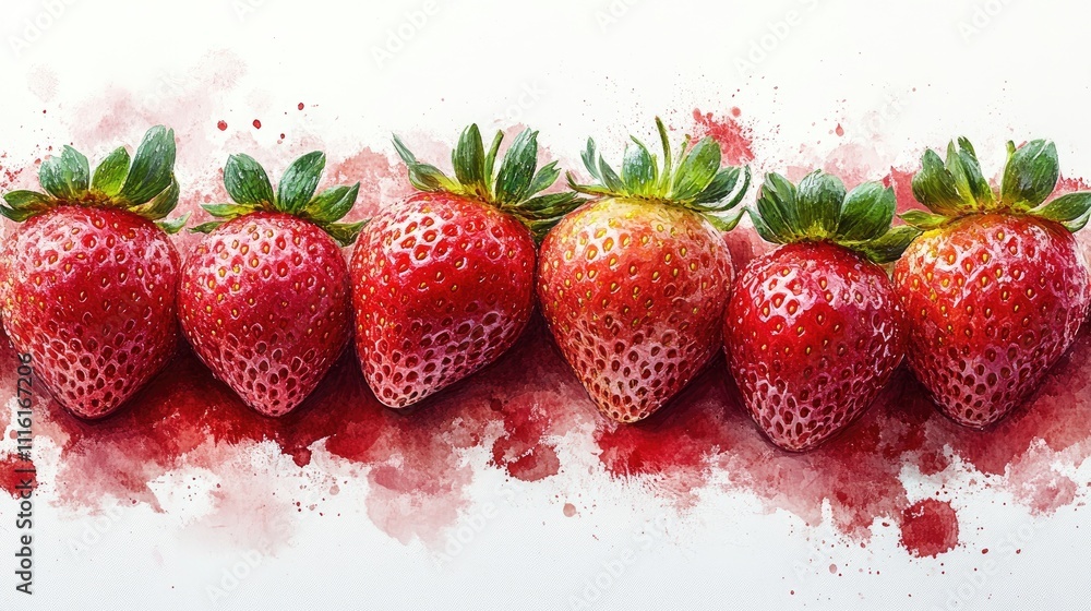Poster fresh ripe strawberries arranged in a row with vibrant splashes of red against a clean white backgro