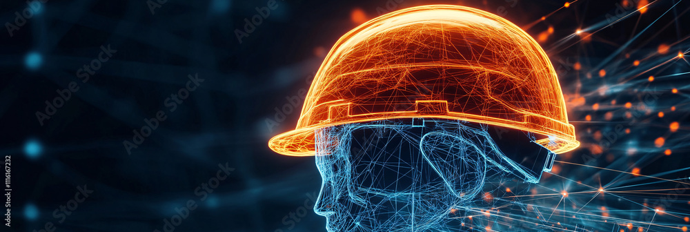 Poster a futuristic construction helmet icon made of neon lines, surrounded by data streams representing bu