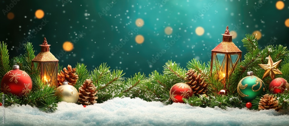 Poster Festive scene of snow-covered fir branches decorated with colorful ornaments and lanterns creating a warm holiday atmosphere at night