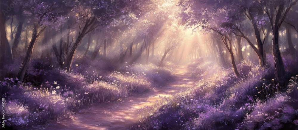 Fototapete Enchanted forest with soft purple blossoms and sunlight filtering through the trees creating a serene and magical atmosphere.