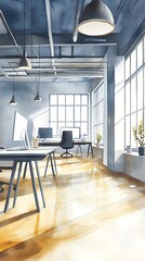Modern Empty Office Watercolour Illustration Contemporary Workspace Minimalist Office Design Bright Open Space Watercolor Art Corporate Environment Professional Setting