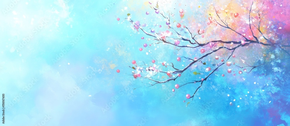 Poster dreamy winter tree branch adorned with snowballs against a soft blue background ideal for text overl