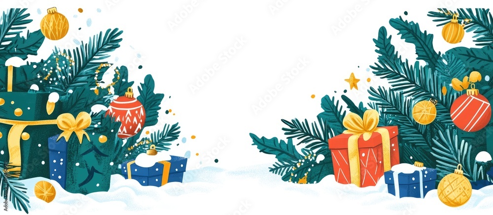 Poster christmas backdrop with festive green branches decorated with golden ornaments and colorful presents