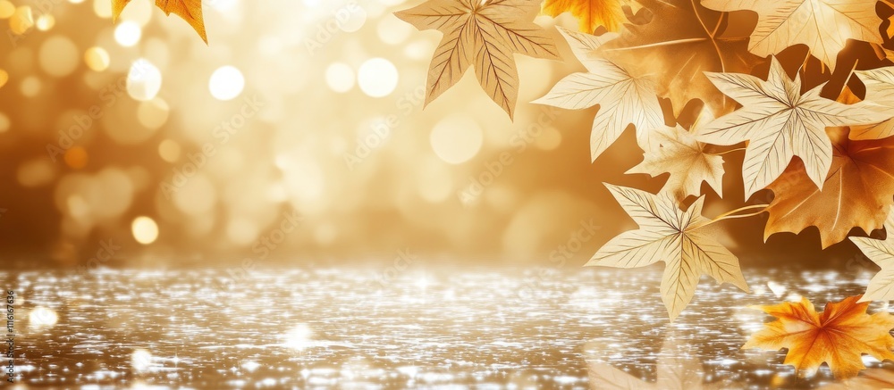 Poster Golden autumn leaves reflecting on shimmering water with a warm bokeh effect creating a serene nature-inspired background scene