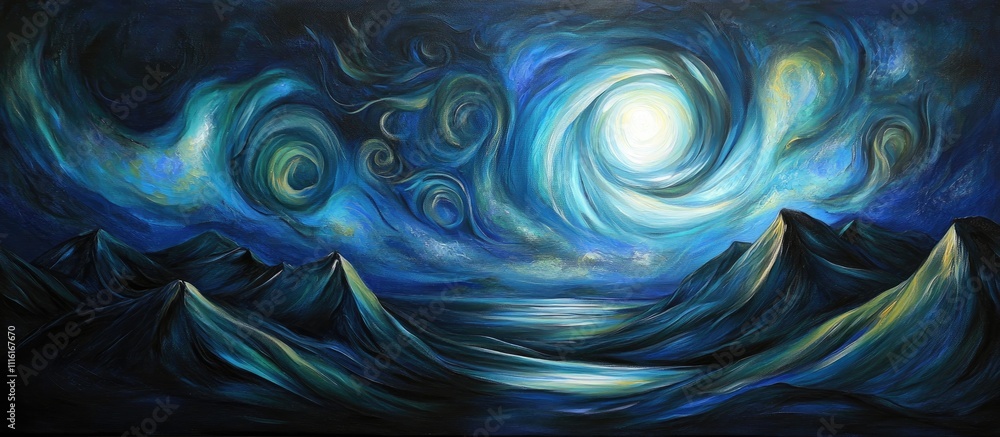 Poster abstract ocean landscape with swirling clouds and moonlight reflecting on water in deep blue and tea