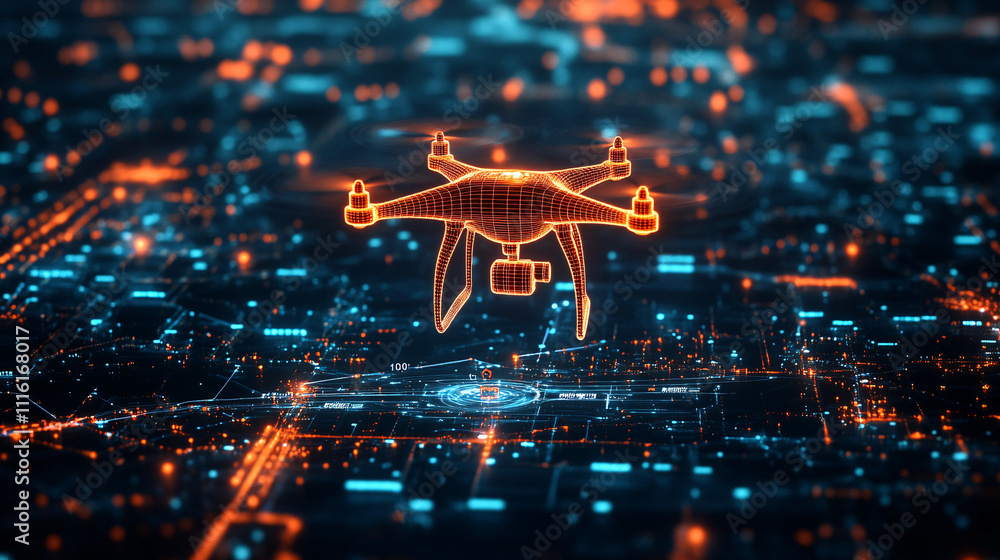 Poster a futuristic drone icon flying over a digital landscape of data points, with virtual maps and online