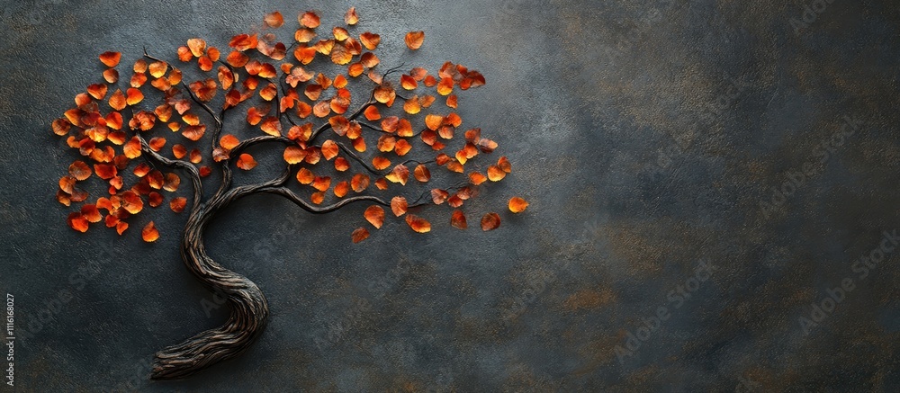 Poster Candle flame shaped like a tree with orange leaves on a textured dark background creating a warm and artistic ambiance